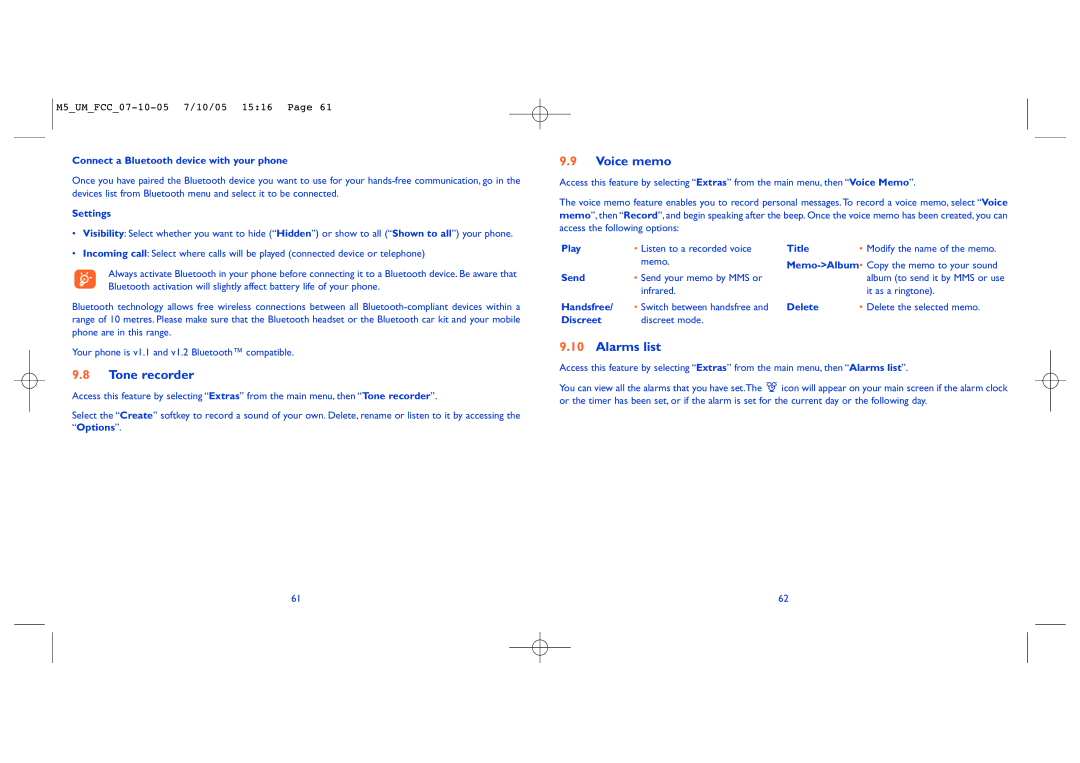 Alcatel Mobile Phone manual Tone recorder, Voice memo, Alarms list 