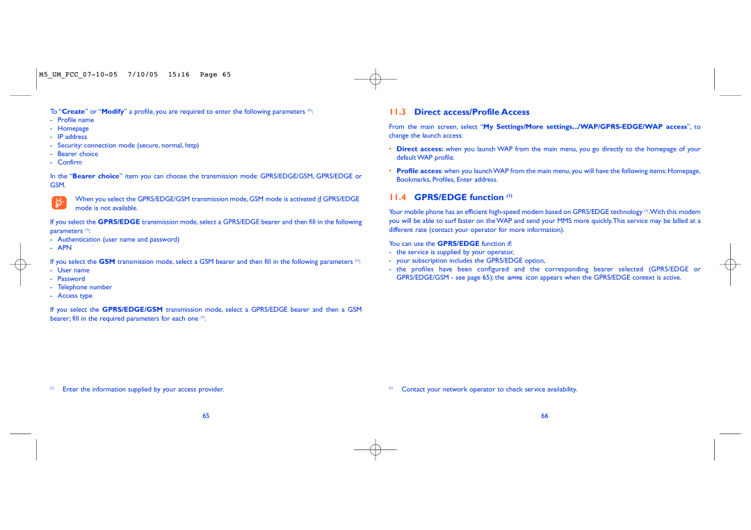 Alcatel Mobile Phone manual Direct access/Profile Access, GPRS/EDGE function 