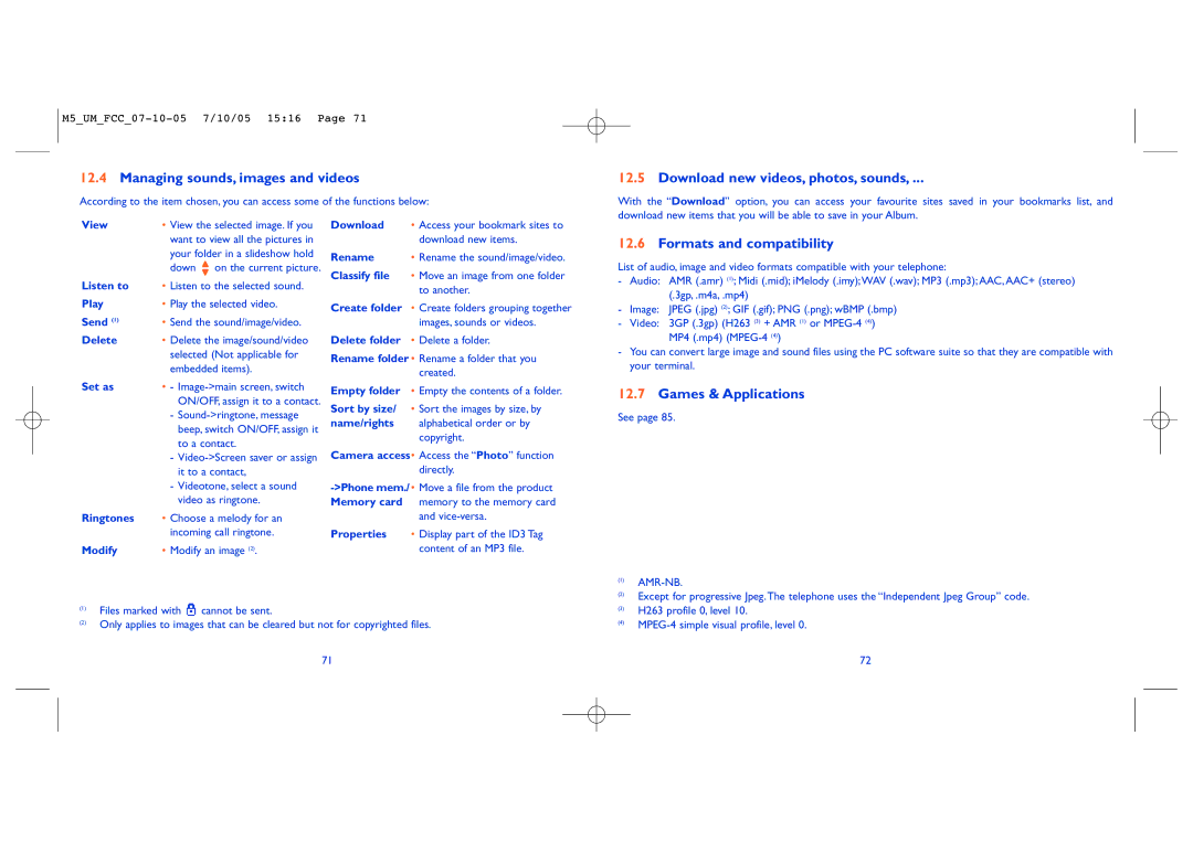Alcatel Mobile Phone Managing sounds, images and videos, Download new videos, photos, sounds, Formats and compatibility 