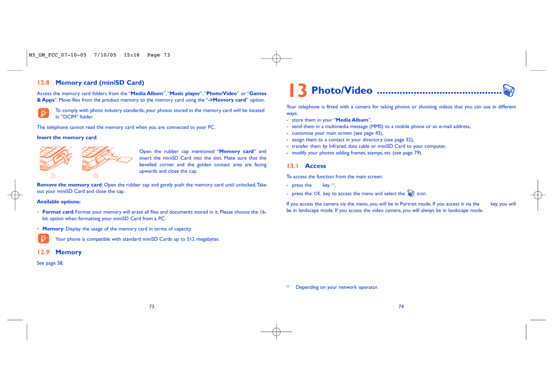 Alcatel Mobile Phone manual Photo/Video, Memory card miniSD Card, Access, Insert the memory card, Available options 