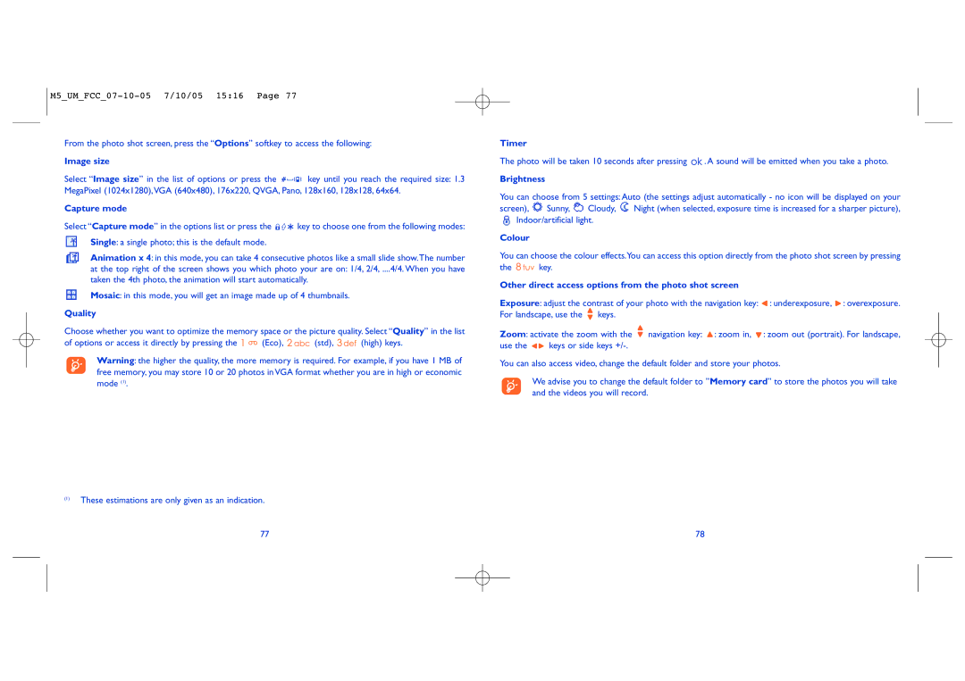 Alcatel Mobile Phone manual Image size, Capture mode, Quality, Brightness, Colour 
