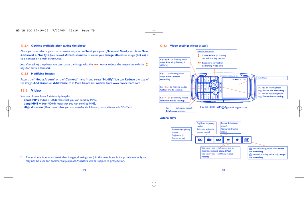 Alcatel Mobile Phone manual Video, Options available after taking the photo, Modifying images, Lateral keys 