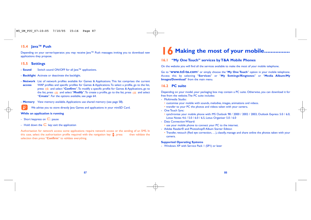 Alcatel manual Making the most of your mobile, Java Push, My One Touch services by T&A Mobile Phones, PC suite 