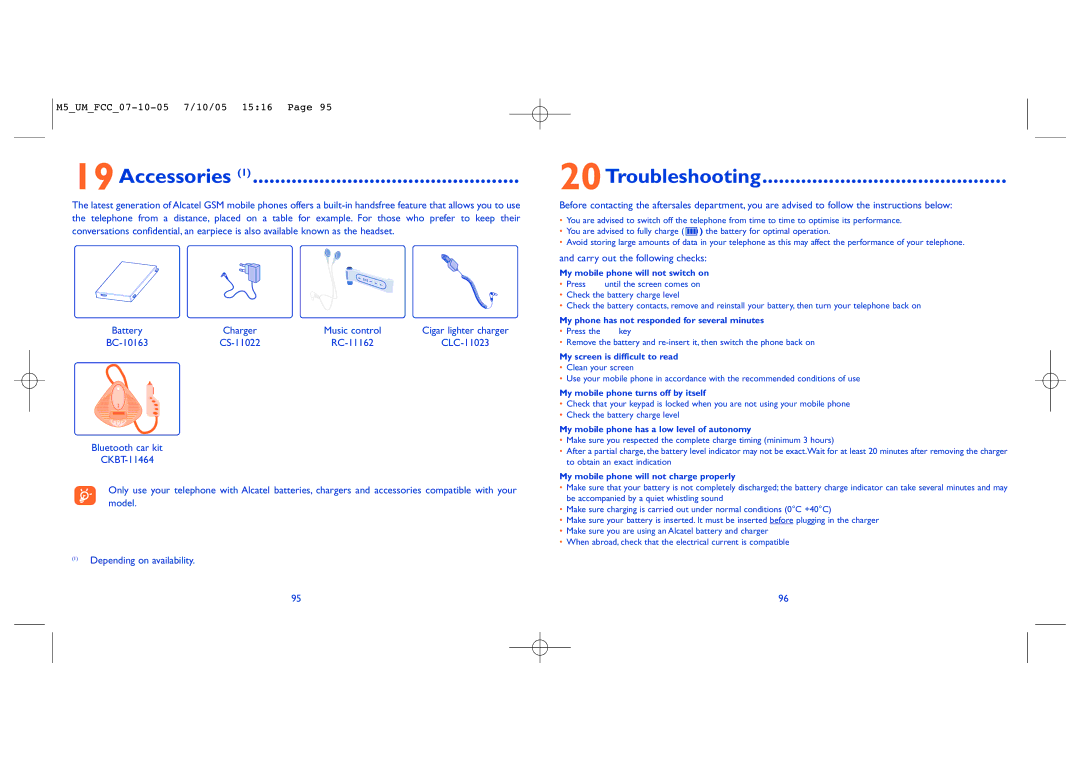 Alcatel Mobile Phone manual Accessories, 20Troubleshooting, Carry out the following checks 