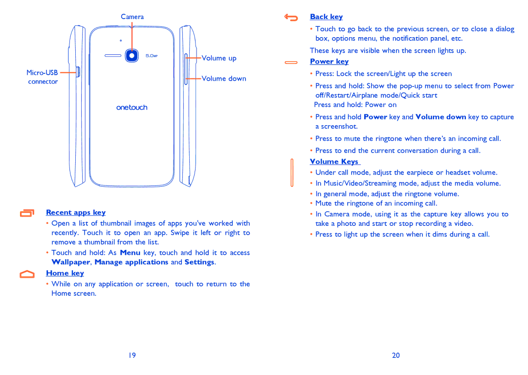 Alcatel 5021E, M'Pop, 5020D manual Recent apps key, Home key, Back key, Power key, Volume Keys 