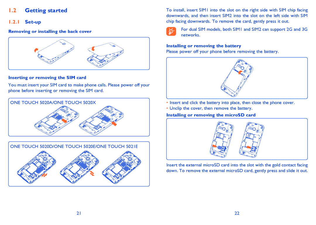 Alcatel M'Pop, 5020 Getting started, Set-up, Installing or removing the battery, Installing or removing the microSD card 