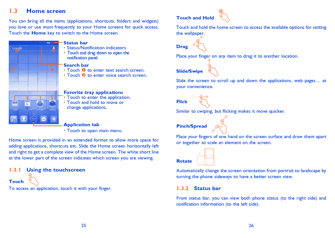 Alcatel 5020D, M'Pop, 5021E manual Home screen, Using the touchscreen, Status bar 