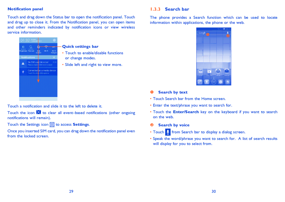 Alcatel M'Pop, 5020D, 5021E manual Search bar, Notification panel, Quick settings bar, Search by text, Search by voice 