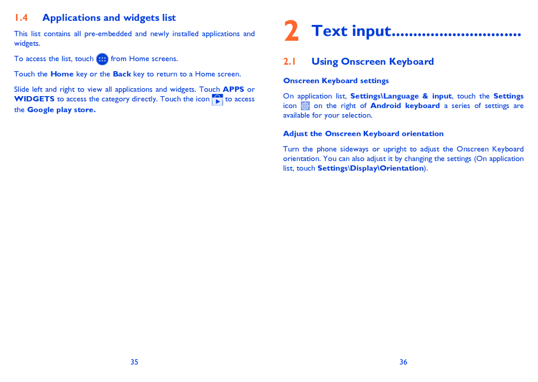 Alcatel 5021E, M'Pop, 5020 Text input, Applications and widgets list, Using Onscreen Keyboard, Onscreen Keyboard settings 