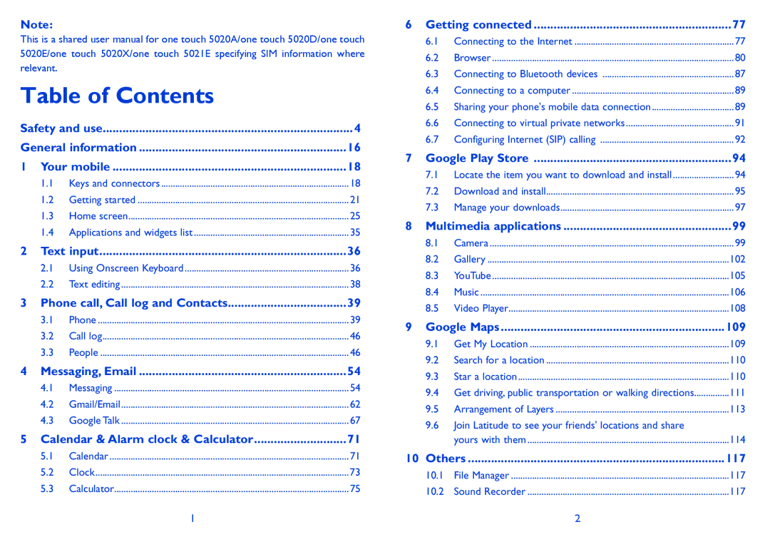 Alcatel 5020D, M'Pop, 5021E manual Table of Contents 