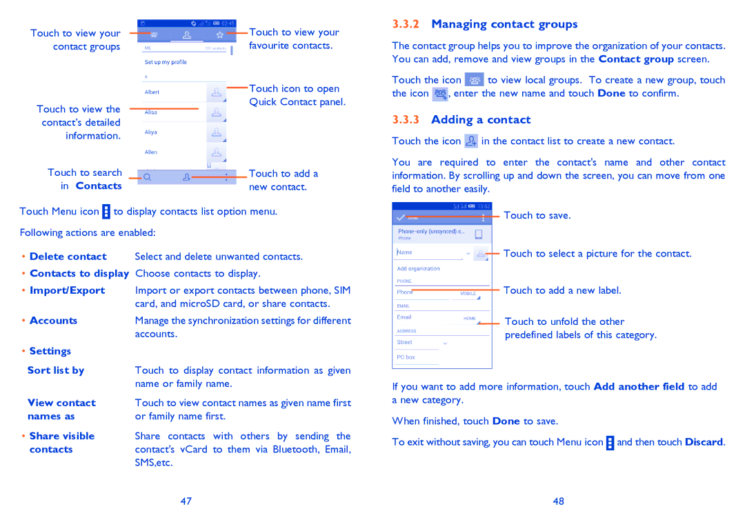 Alcatel M'Pop, 5020D, 5021E manual Managing contact groups, Adding a contact 