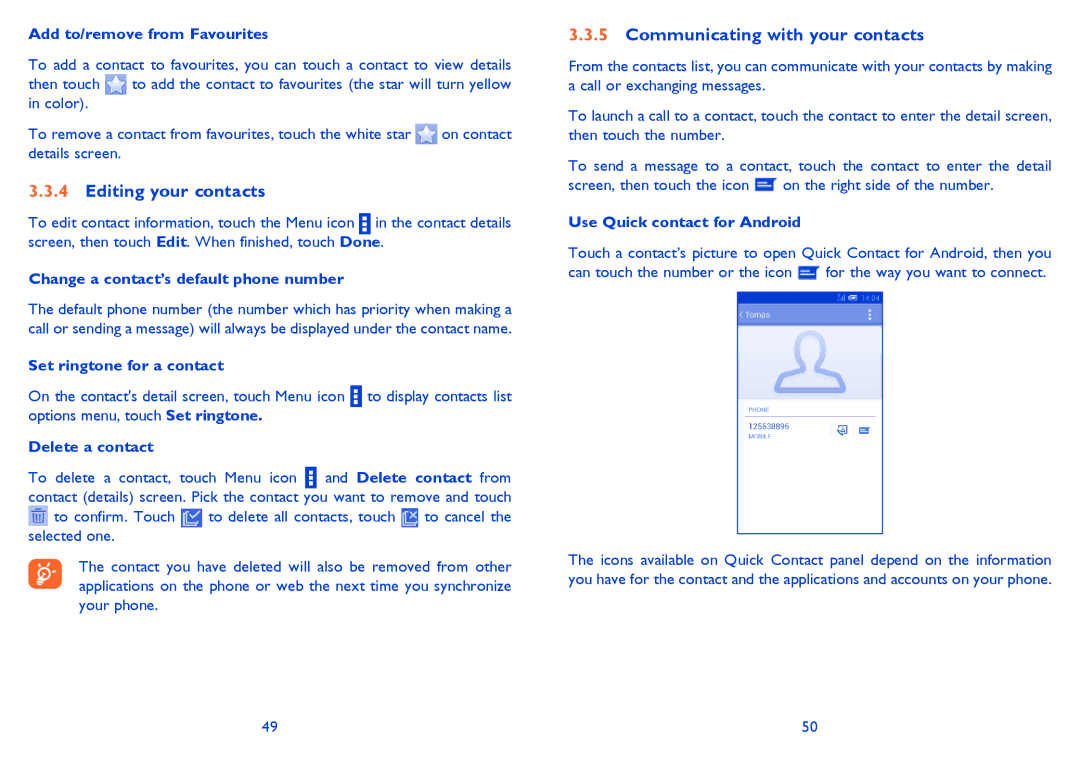 Alcatel 5020D, M'Pop, 5021E manual Editing your contacts, Communicating with your contacts 