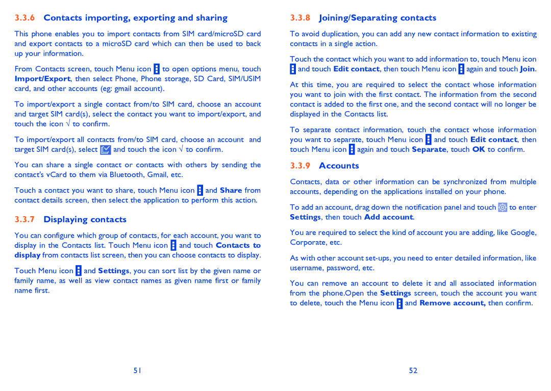 Alcatel 5021E, M'Pop Contacts importing, exporting and sharing, Displaying contacts, Joining/Separating contacts, Accounts 
