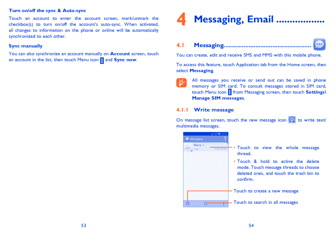 Alcatel M'Pop, 5020D, 5021E Messaging, Email, Write message, Turn on/off the sync & Auto-sync, Sync manually 