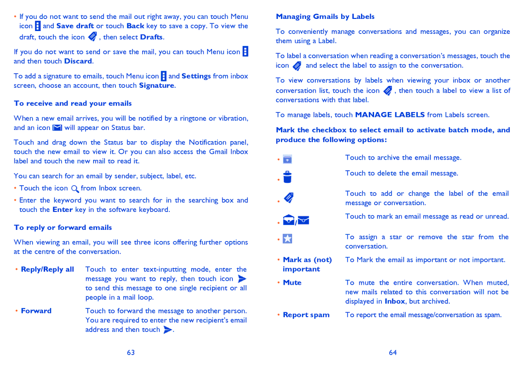 Alcatel 5020 To receive and read your emails, Managing Gmails by Labels, To reply or forward emails, Mute Report spam 
