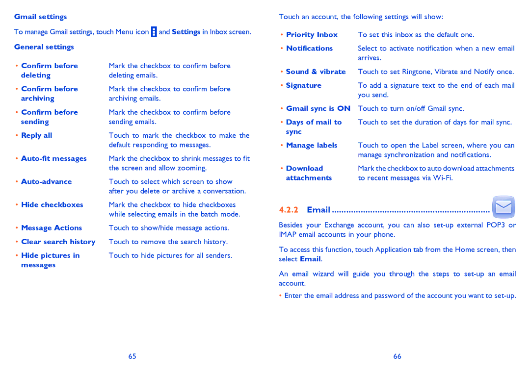 Alcatel 5020D, M'Pop, 5021E manual Gmail settings, Default responding to messages, Auto-advance, Signature, Download 