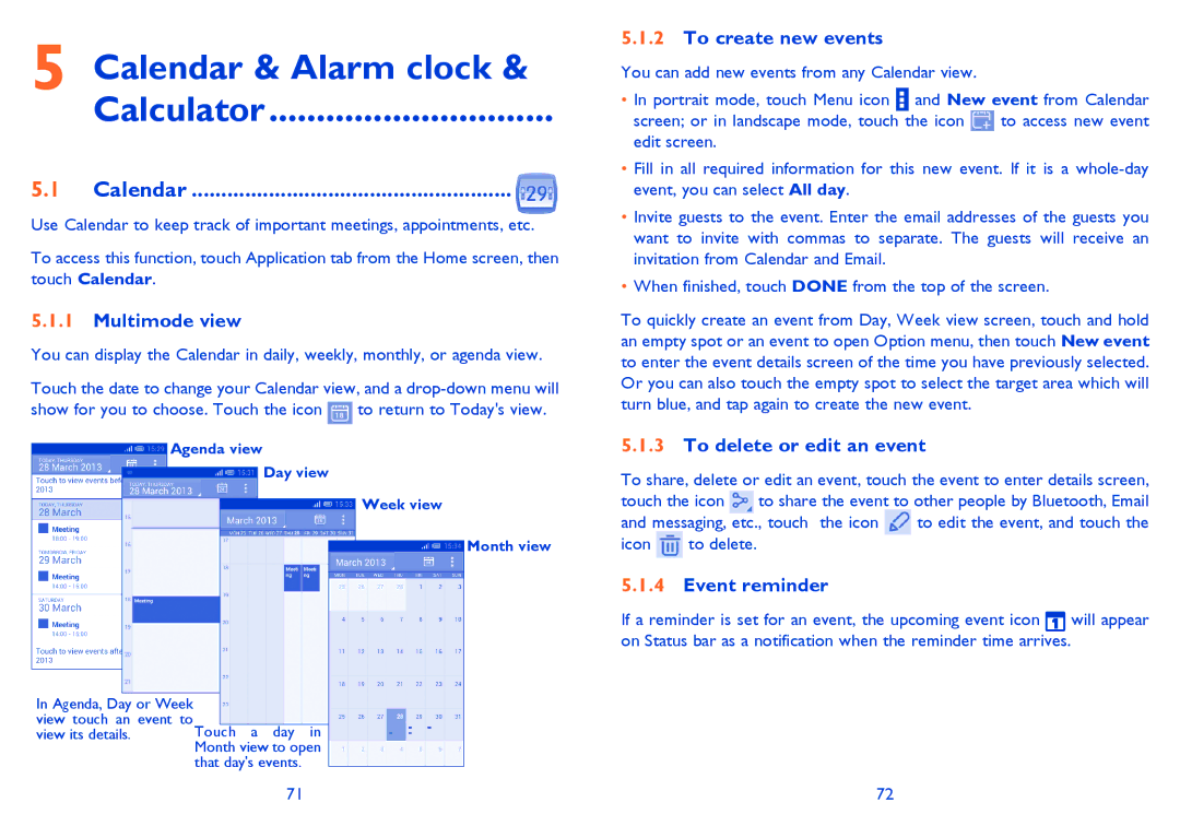 Alcatel M'Pop, 5020D, 5021E manual Calendar & Alarm clock Calculator 