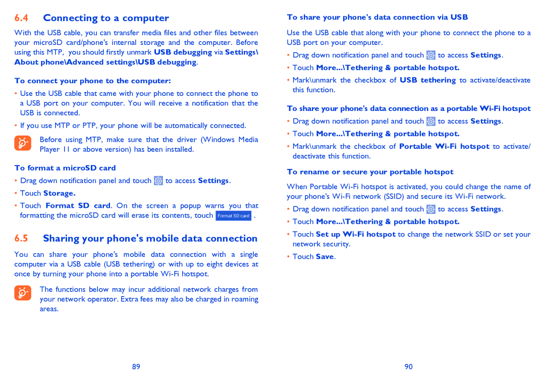 Alcatel 5020D, M'Pop, 5021E manual Connecting to a computer, Sharing your phones mobile data connection 