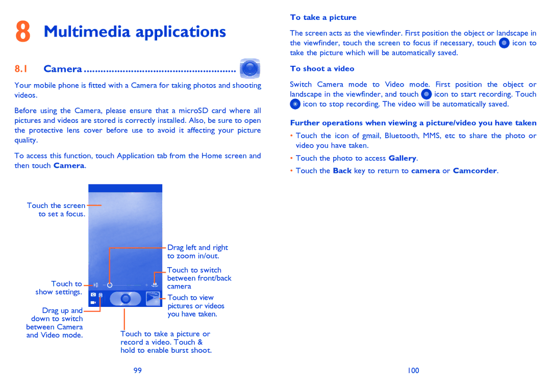 Alcatel 5021E, M'Pop, 5020D manual Multimedia applications, Camera, To take a picture, To shoot a video 