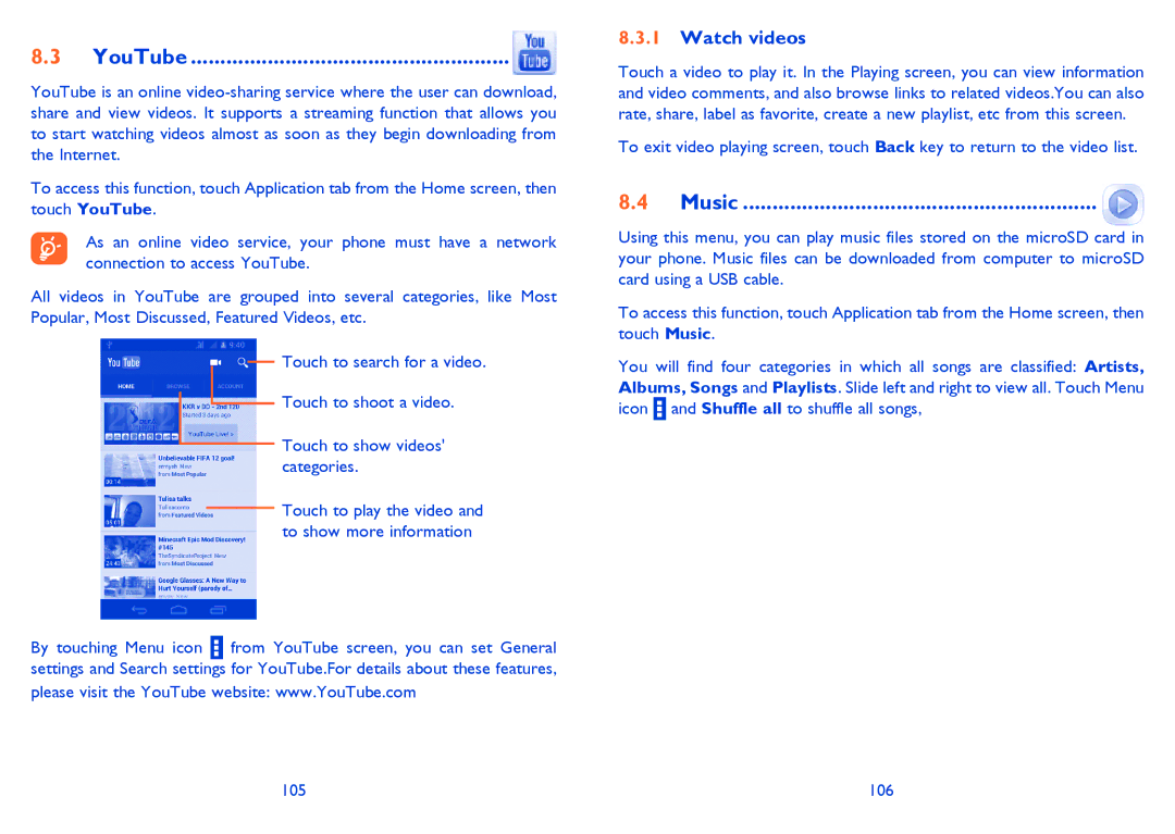 Alcatel 5020D, M'Pop, 5021E manual YouTube, Music, Watch videos, 106 