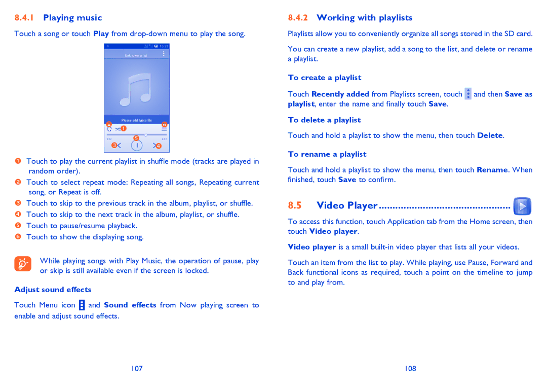 Alcatel 5021E, M'Pop, 5020D manual Playing music, Working with playlists, Video Player 