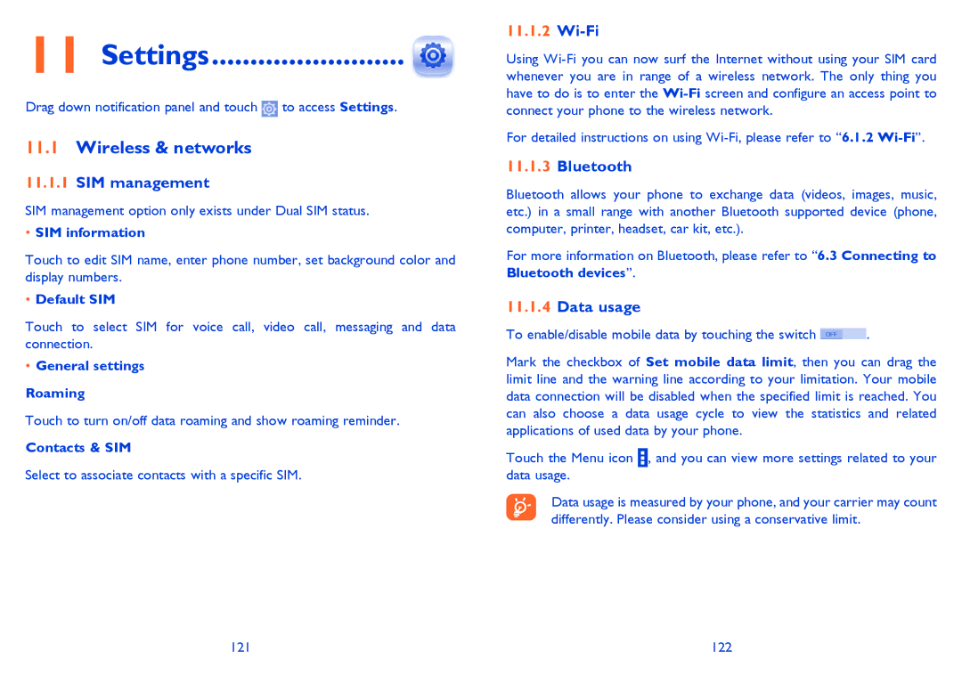 Alcatel 5020D, M'Pop, 5021E manual Settings, Wireless & networks, SIM management, Bluetooth, Data usage 