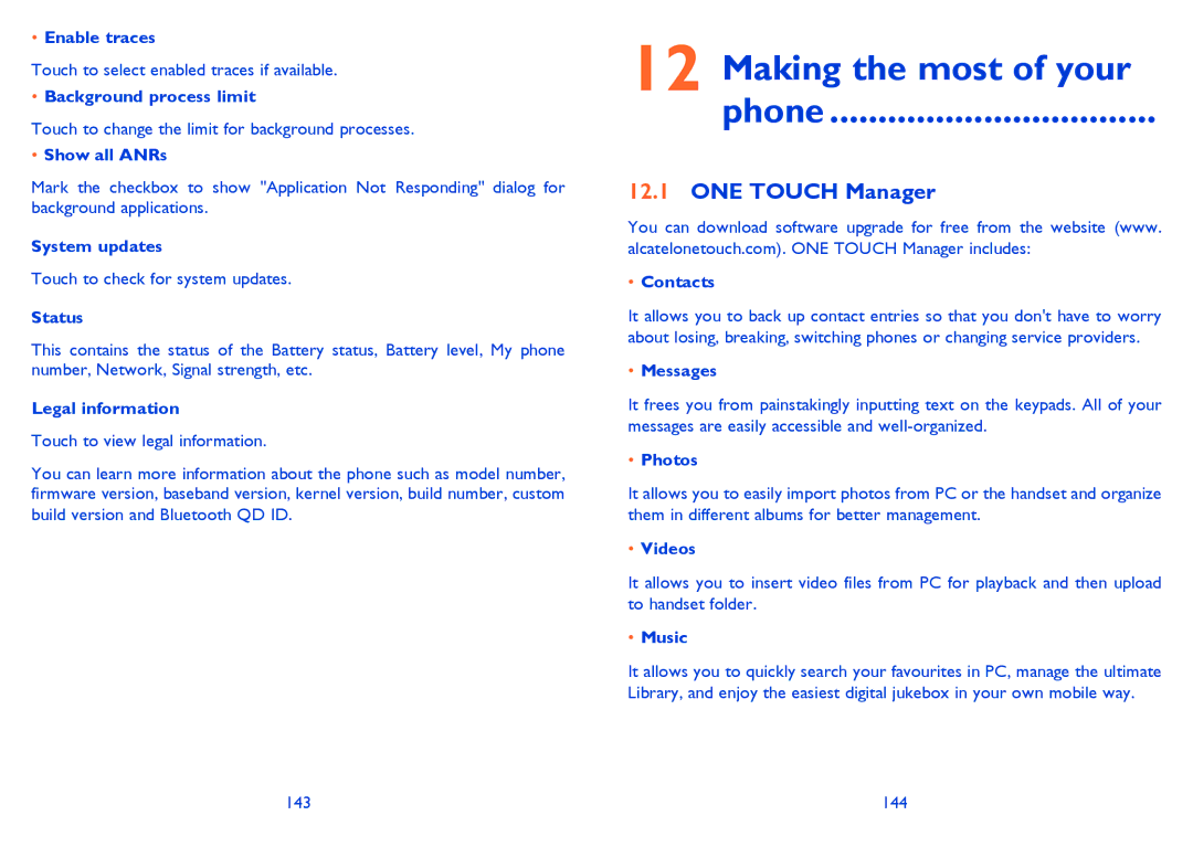 Alcatel M'Pop, 5020D, 5021E manual Making the most of your Phone, ONE Touch Manager 