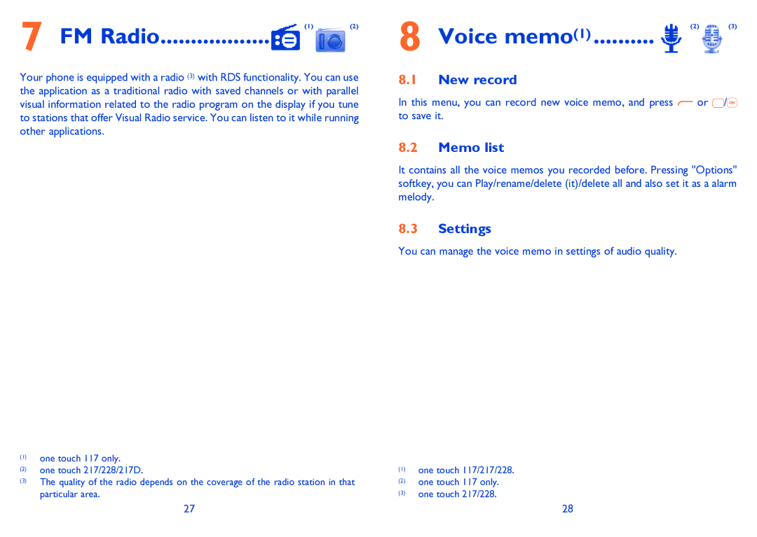 Alcatel ONE TOUCH 117, ONE TOUCH 228/228D manual FM Radio, Voice memo1, New record, Memo list 