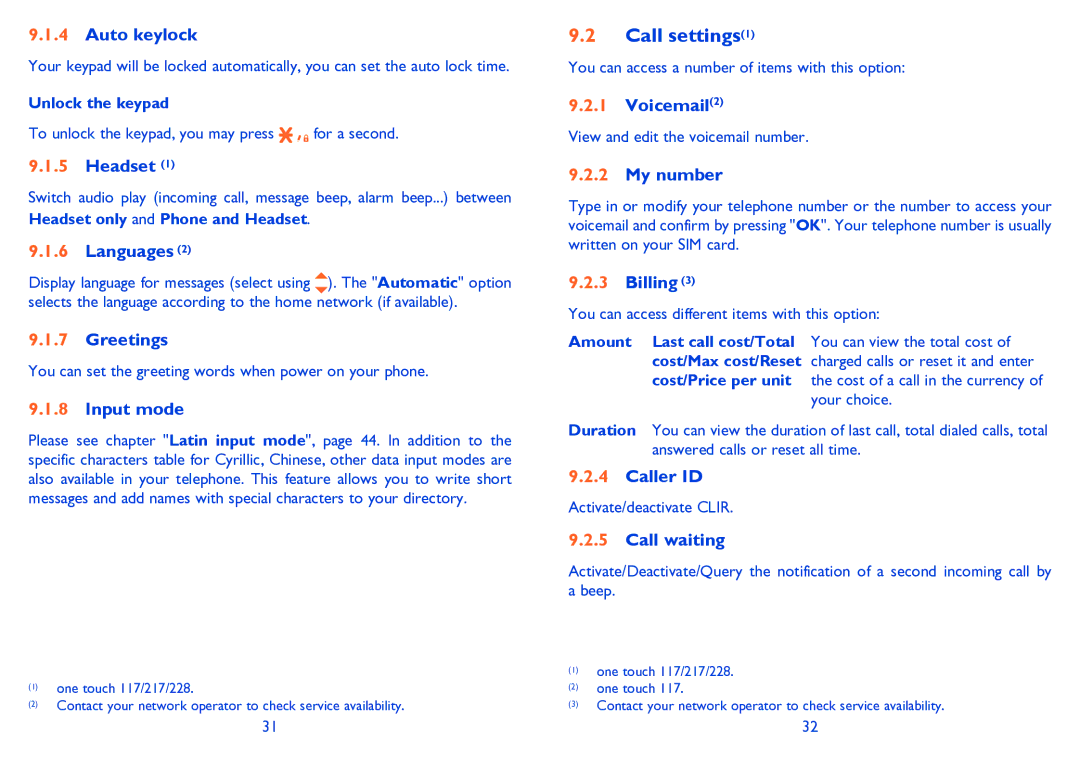 Alcatel ONE TOUCH 117 Call settings1, Unlock the keypad, Headset only and Phone and Headset, Amount Last call cost/Total 