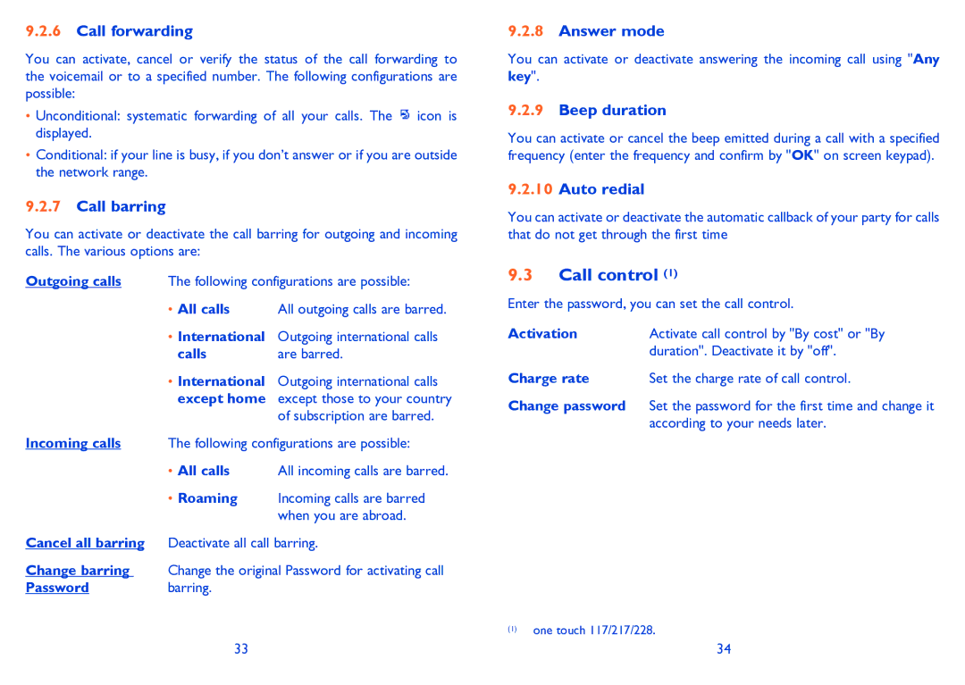 Alcatel ONE TOUCH 228/228D, ONE TOUCH 117 manual Call control, Calls, Activation, Charge rate, Change password 