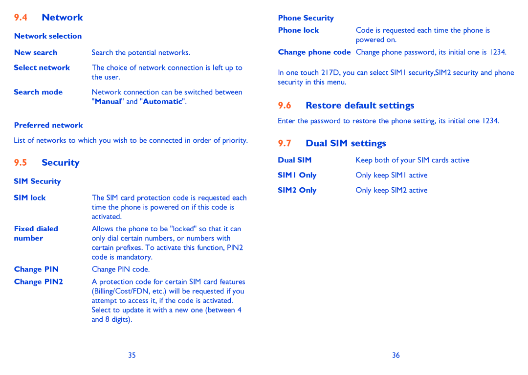 Alcatel ONE TOUCH 117, ONE TOUCH 228/228D manual Network, Security, Restore default settings, Dual SIM settings 