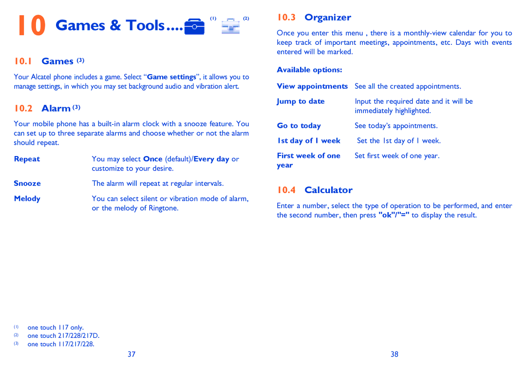 Alcatel ONE TOUCH 228/228D, ONE TOUCH 117 manual Games & Tools, Alarm, Organizer, Calculator 