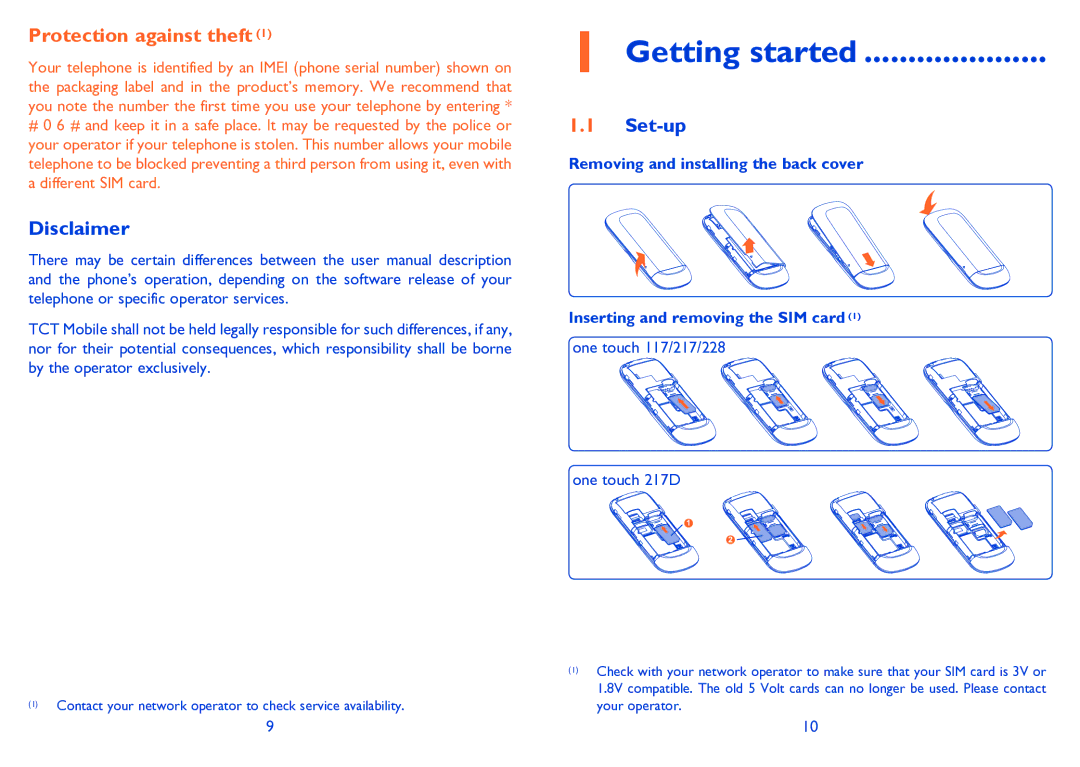 Alcatel ONE TOUCH 228/228D, ONE TOUCH 117 manual Getting started, Disclaimer, Set-up 