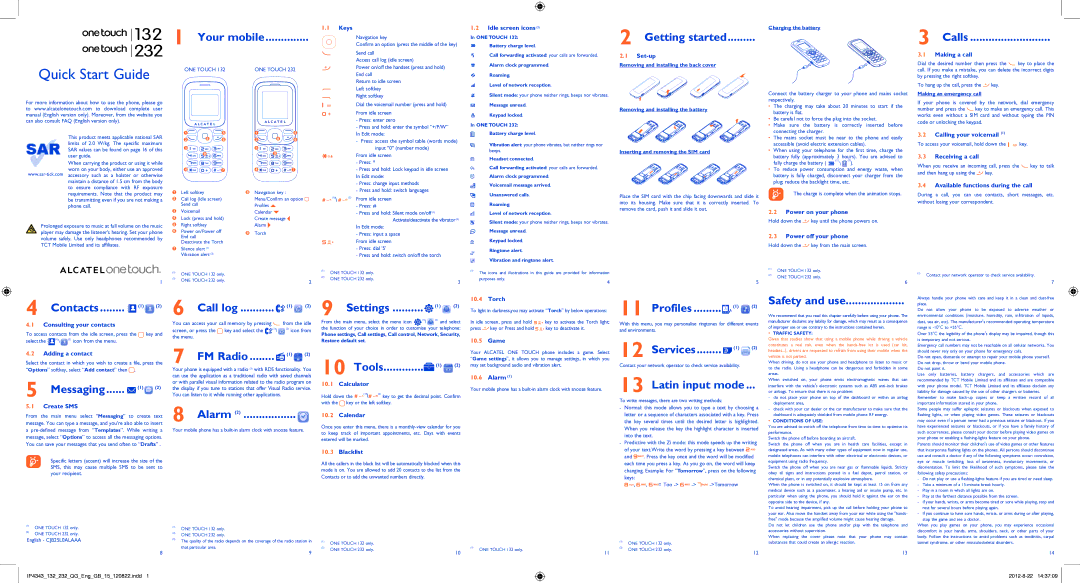 Alcatel ONE TOUCH 232 manual Your mobile, Getting started, Calls, Contacts, Messaging, Call log, FM Radio, Alarm, Settings 