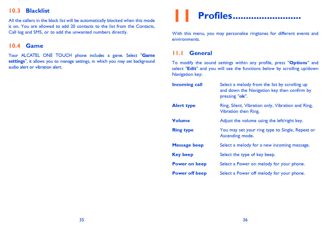 Alcatel ONE TOUCH 233 manual Profiles, Blacklist, Game, General 