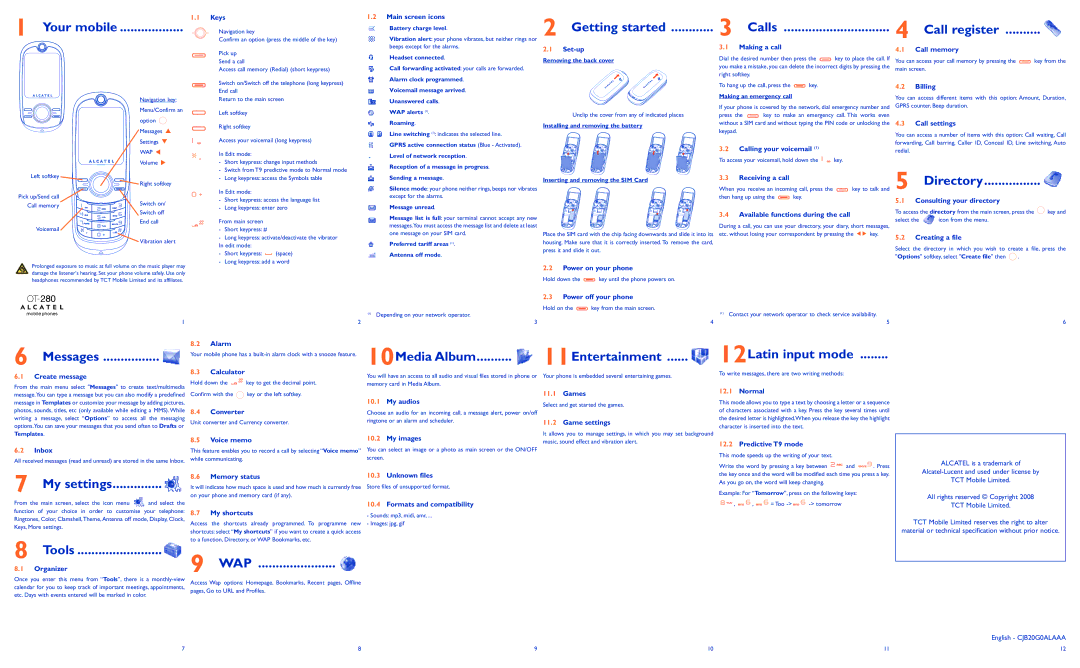 Alcatel ONE TOUCH 280 manual Your mobile, Getting started, Calls Call register, Directory, Messages, 10Media Album, Tools 