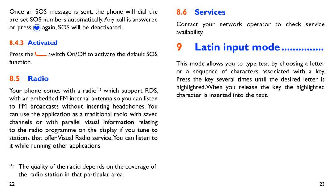 Alcatel ONE TOUCH 282 manual Latin input mode, Radio, Services 