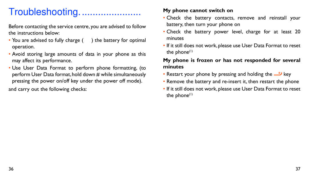 Alcatel ONE TOUCH 282 manual Troubleshooting, My phone cannot switch on 