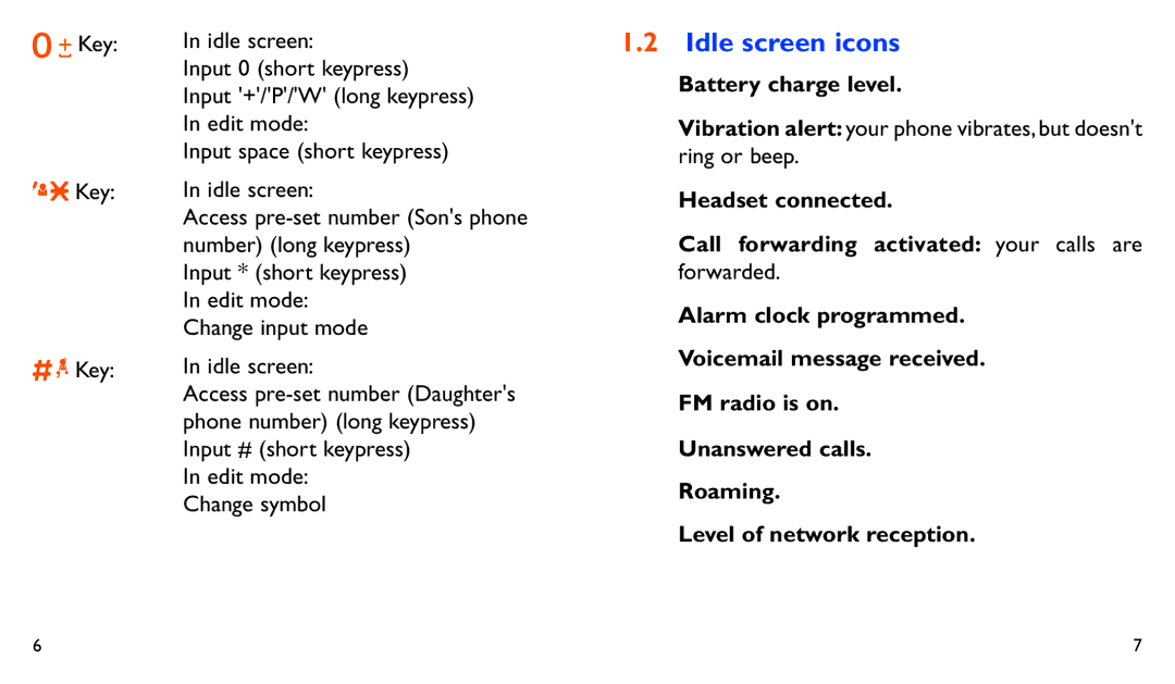 Alcatel ONE TOUCH 282 manual Idle screen icons 