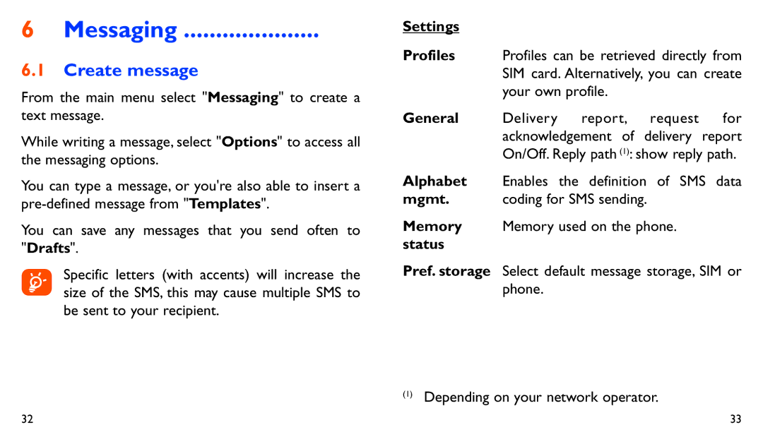 Alcatel ONE TOUCH 282 manual Messaging, Create message, Settings 