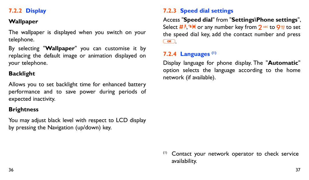 Alcatel ONE TOUCH 282 manual Display, Speed dial settings, Languages 