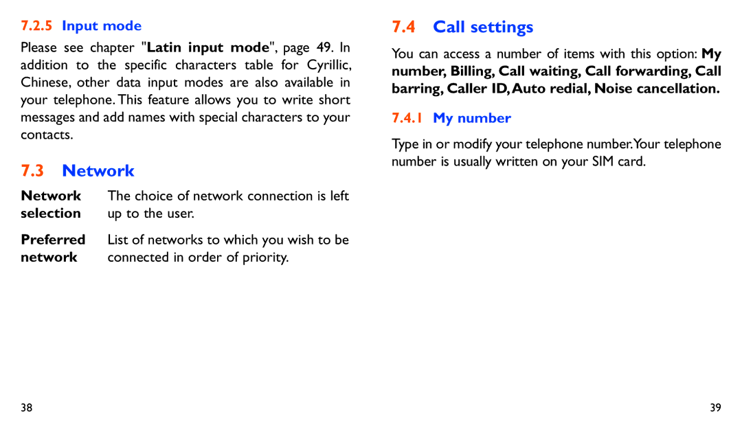 Alcatel ONE TOUCH 282 manual Network, Call settings, Input mode, My number 