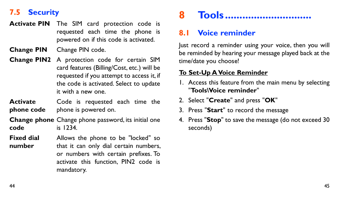 Alcatel ONE TOUCH 282 manual Tools, Security, Voice reminder, Code, To Set-Up a Voice Reminder 