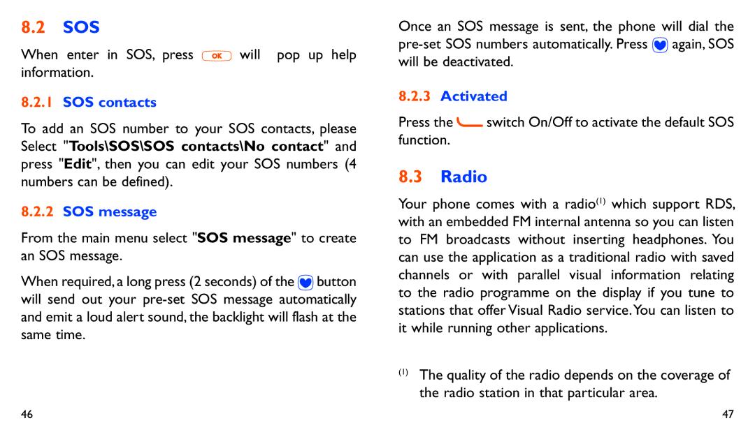 Alcatel ONE TOUCH 282 manual Sos, Radio, SOS contacts, SOS message, Activated 