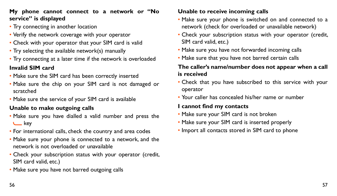 Alcatel ONE TOUCH 282 manual Invalid SIM card, Unable to make outgoing calls, Unable to receive incoming calls 