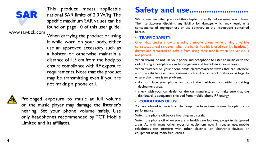 Alcatel ONE TOUCH 282 manual Safety and use, Traffic Safety 