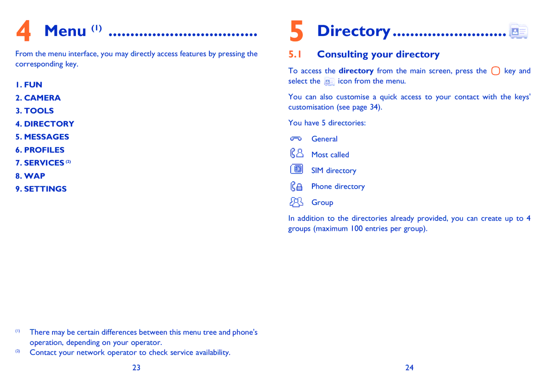 Alcatel ONE TOUCH 361 manual Menu, Directory, Consulting your directory, Fun, Wap 