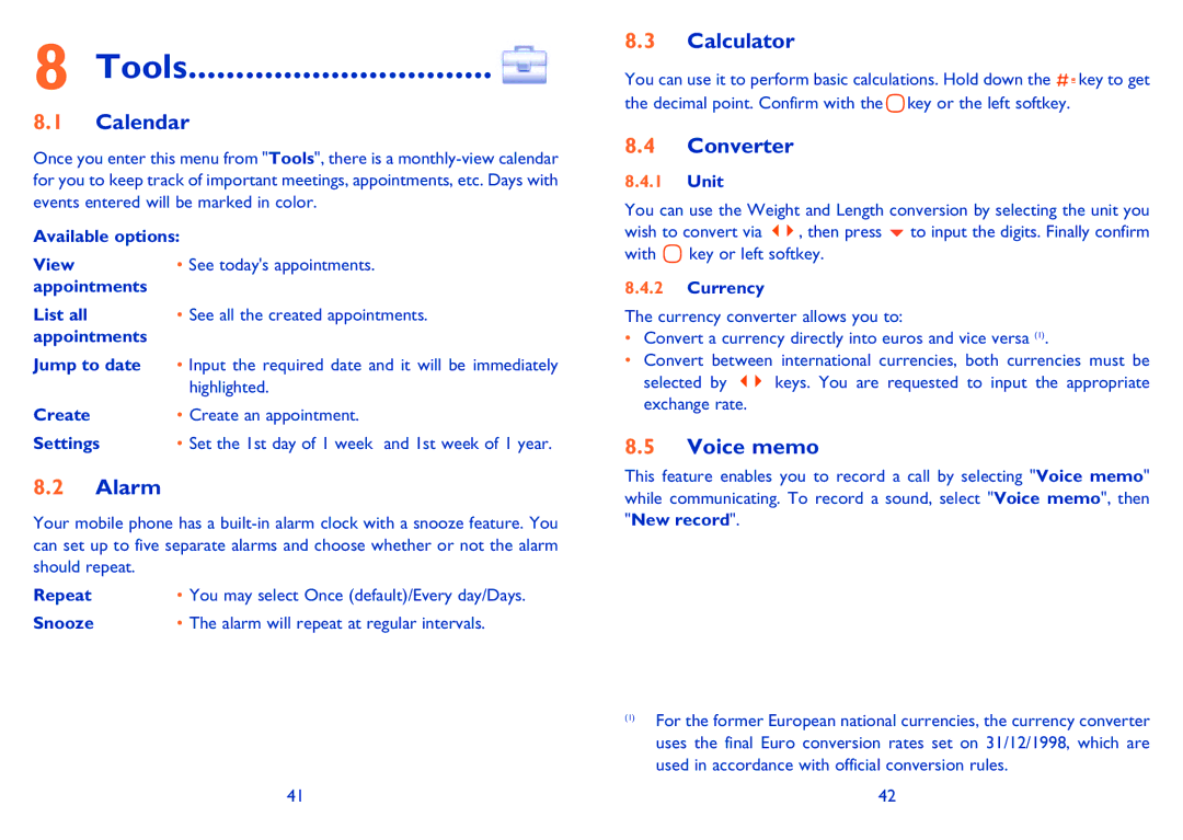 Alcatel ONE TOUCH 361 manual Calendar, Calculator, Converter, Voice memo 