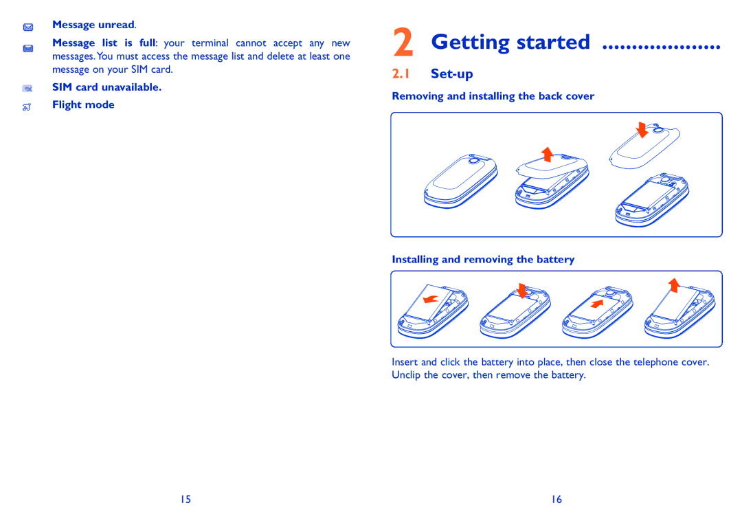 Alcatel ONE TOUCH 361 manual Getting started, Set-up, Message unread, SIM card unavailable Flight mode 