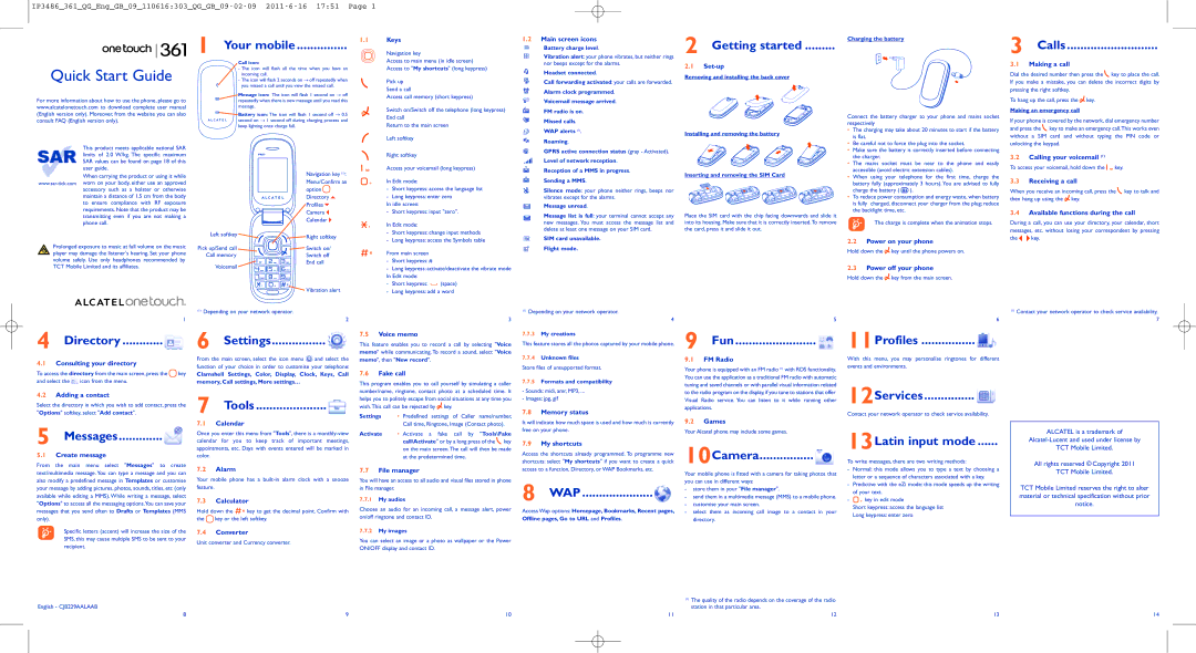 Alcatel ONE TOUCH 361 manual Your mobile, Getting started, Calls, Directory Settings, Fun, 11Profiles, Messages, Tools 